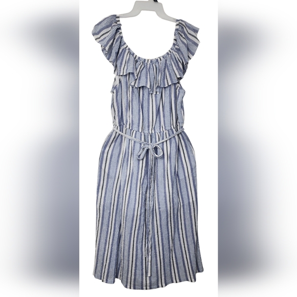 Michael Kors Women’s Striped Ruffle Midi Dress XL Blue White Cotton Blend - Picture 1 of 6